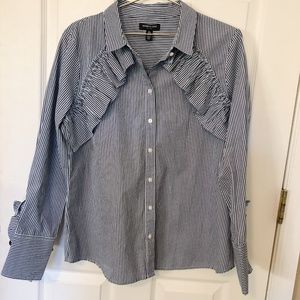 Kenneth Cole Ruffle Blue Striped Button Down Shirt